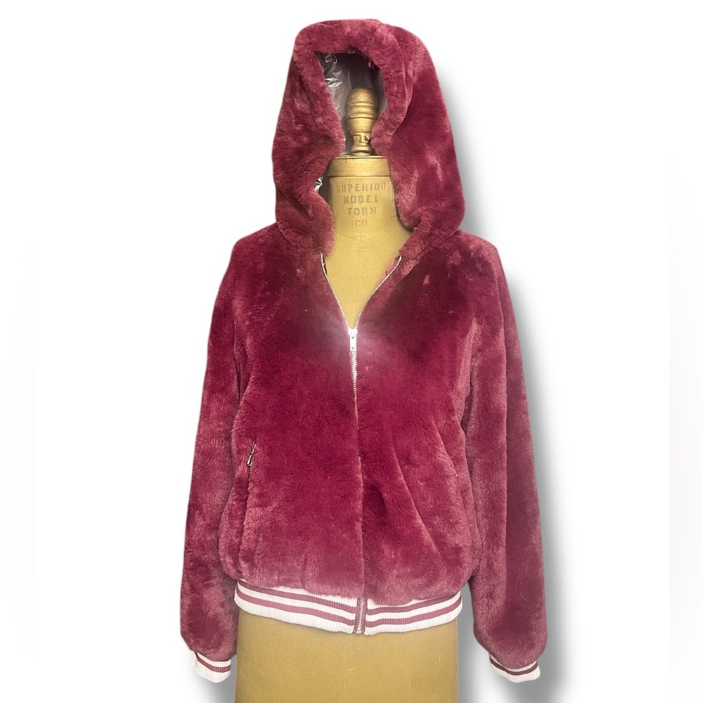 Ashley By 26 International Burgundy Hooded Teddy Jacket - The Softest Faux Fur!